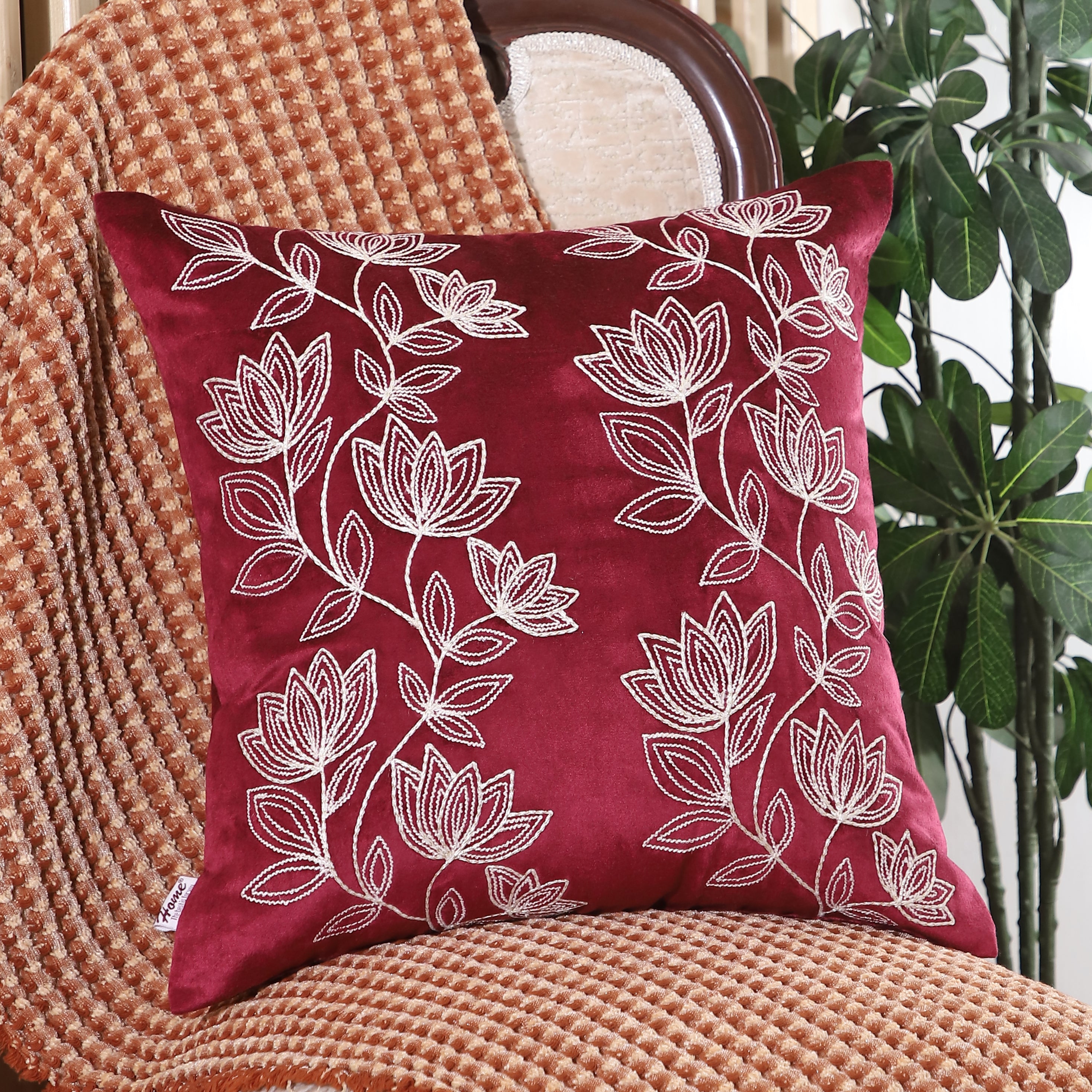 Petal Bliss Embroidered Elegance 18x18 Inch Cushion Cover